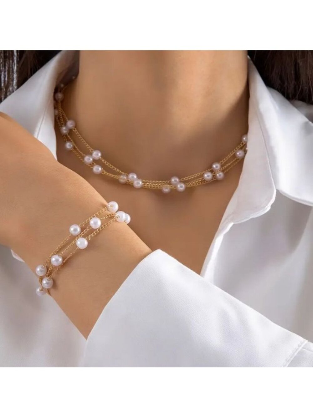 Elegant French Style 2-Piece, Multilayer Pearl Necklace and Bracelet Combo